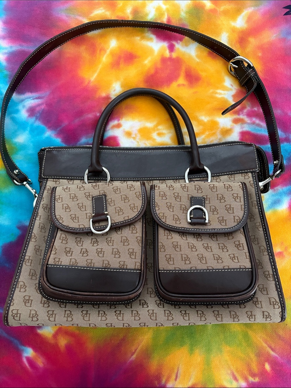 Dooney & Bourke Tan Signature Canvas Satchel with Dark brown trim